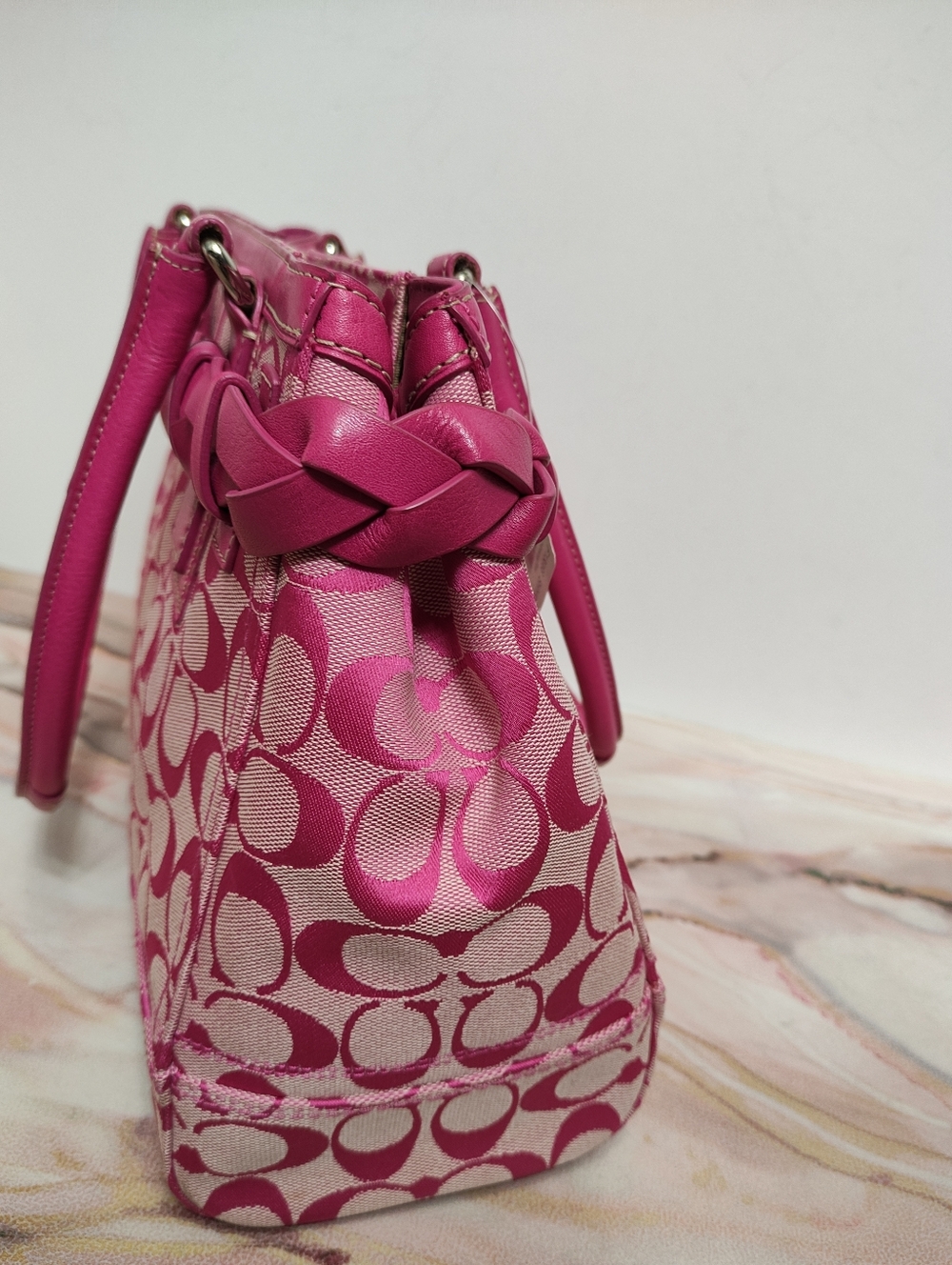 Vintage Y2K Coach F13068 Hampton Signature Large Carryall Satchel Hibiscus/Pink - Picture 2 of 14